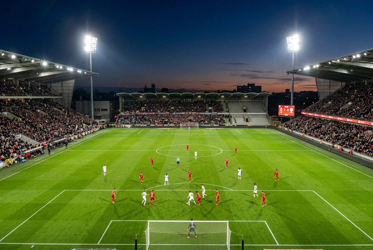 Belgisch voetbalstadion bij avondwedstrijd met sfeervolle verlichting, context voor Belgische sportweddenschappen