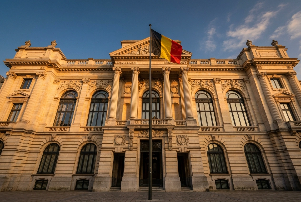 Belgisch parlementsgebouw met vlag, symbool van de Kansspelwet en F1+ regulering